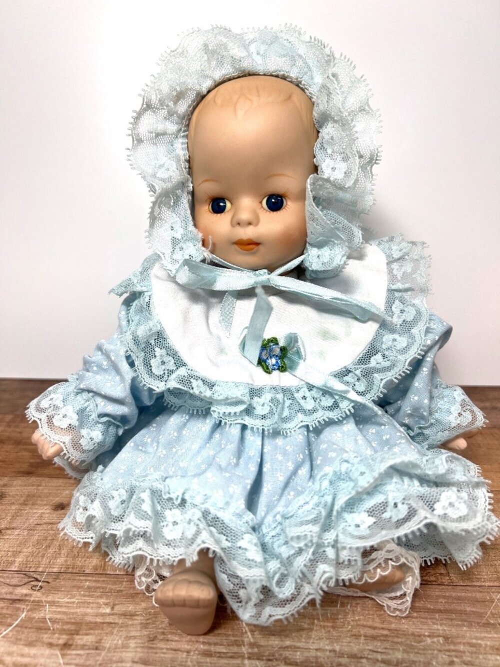 Vintage Brinns Baby Doll In Blue Lace Outfit Bonnet  Porcelain Face Cloth Body